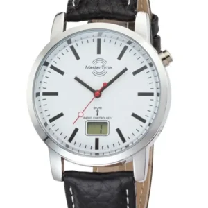 Herrenuhr mit silbernem Ziffernblatt, roten Zeigern und schwarzem Lederband