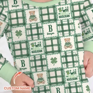 Custom Name Teddy Bear Gingham St. Patrick's Day Bamboo Two Piece Long Sleeve Pajama Set