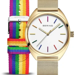 Herrenuhr mit weißem Zifferblatt, goldfarbenem Gehäuse und bunter Stoffarmband-Schließe