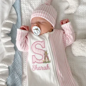 Custom Initial Sweet Bunny Embroidered Bamboo Zipper Footie