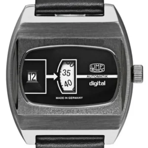 Herrenuhr mit schwarzem Zifferblatt, Automatik- und Digitalanzeige, schwarzen Lederarmband