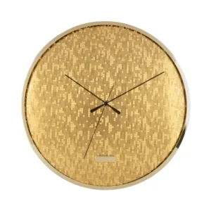Wanduhr mit goldfarbenem Mosaikzifferblatt, drei Zeigern und rundem Metallrahmen