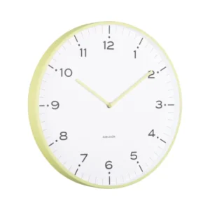 Wanduhr mit weißem Zifferblatt, gelbgrünem Rahmen und schwarzen Stundenzahlen