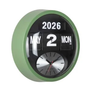 Runde Wanduhr mit grüner Umrandung und Klappzahlen-Datum sowie Uhrzeitanzeige