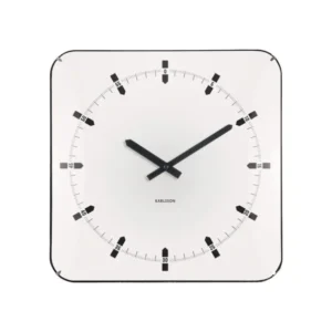 Wanduhr quadratisch: weißes Zifferblatt mit schwarzen Zeigern und Indexmarkierungen