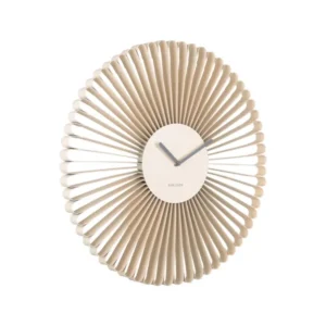 Wanduhr mit cremefarbenem Fächergehäuse und rundem Ziffernblatt