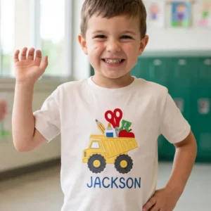 Custom Name Back to School Dump Truck Embroidered Bamboo Crewneck T-Shirt