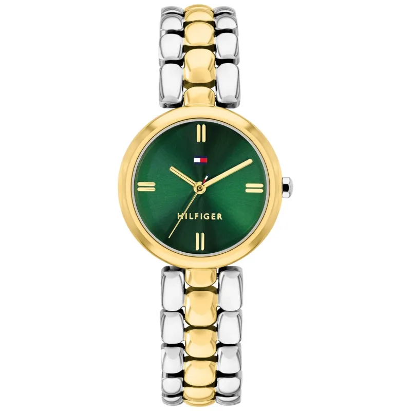 Tommy Hilfiger Damenuhr: grünes Zifferblatt, goldene Lünette, zweifarbiges Metallarmband