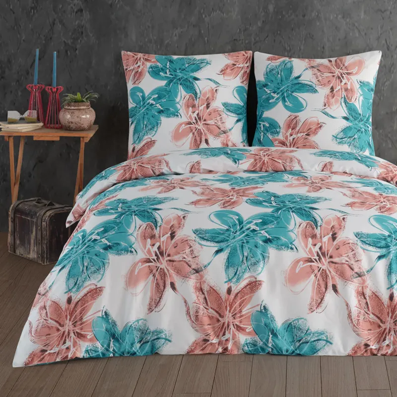 Renforcé Bettwäsche Set "Trendy", Blumen, 100% Baumwolle, Reißverschluss, 80x80 cm Kissenbezug