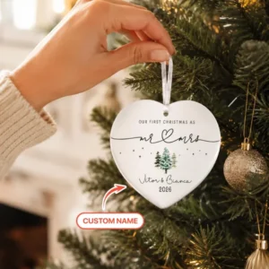 Custom Name First Christmas Mr & Mrs Heart-shaped Ceramic Ornament
