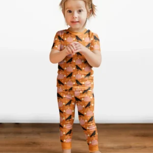 Ravens in a Pumpkin Patch - Orange Pink Bamboo Two Piece Short Sleeve Pajama Set