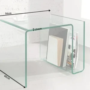 FANTOME Extravaganter Glas Couchtisch 50cm Beistelltisch mit Ablage für Magazine transparent