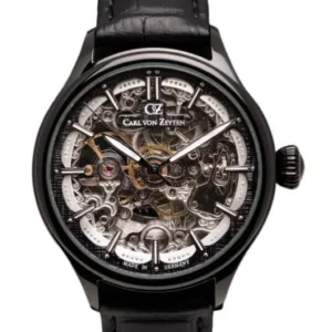 Damenuhr Carl von Zeyten mit Skelettzifferblatt, schwarzem Lederarmband und Automatikwerk