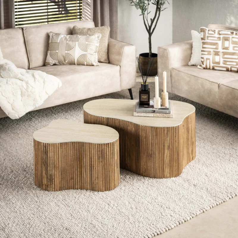 Nuovo Kleeblatt Couchtisch 2er Set Mangoholz Keramik Travertinoptik