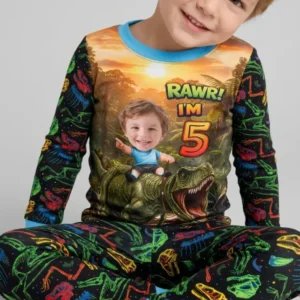 Custom Photo Dino Rawr Birthday Bamboo Two Piece Long Sleeve Pajama Set