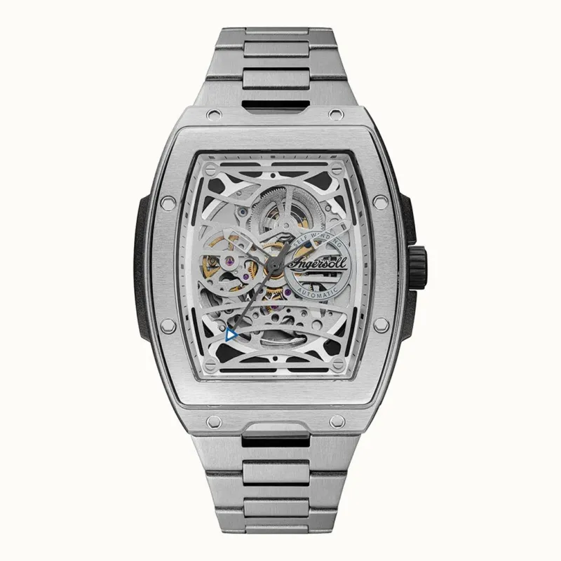 Herrenarmbanduhr mit offenem Zifferblatt, silbernem Edelstahlband und sichtbarem Automatikwerk