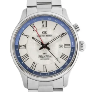 Herrenuhr mit silberfarbenem Metallarmband und weißem Zifferblatt, GMT-Anzeige