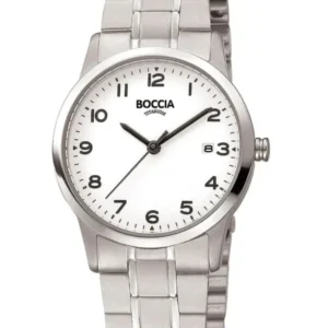 Boccia-Armbanduhr mit silbernem Metallband und weißem Zifferblatt
