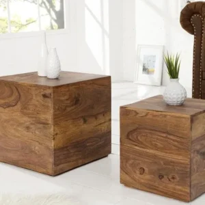 MAKASSAR 2er Set Beistelltische Würfel 40cm Sheesham Massivholz stone finish Couchtische
