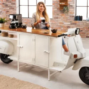SCOOTER Extravaganter Barschrank 250cm weiß Retro-Konsole Motorroller mit Mangoholz Upcycling