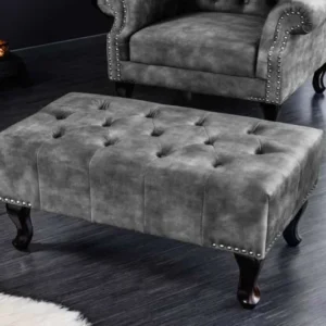 CHESTERFIELD Design Sitzhocker 80cm grau Samt Knopfheftung Nietenbesatz