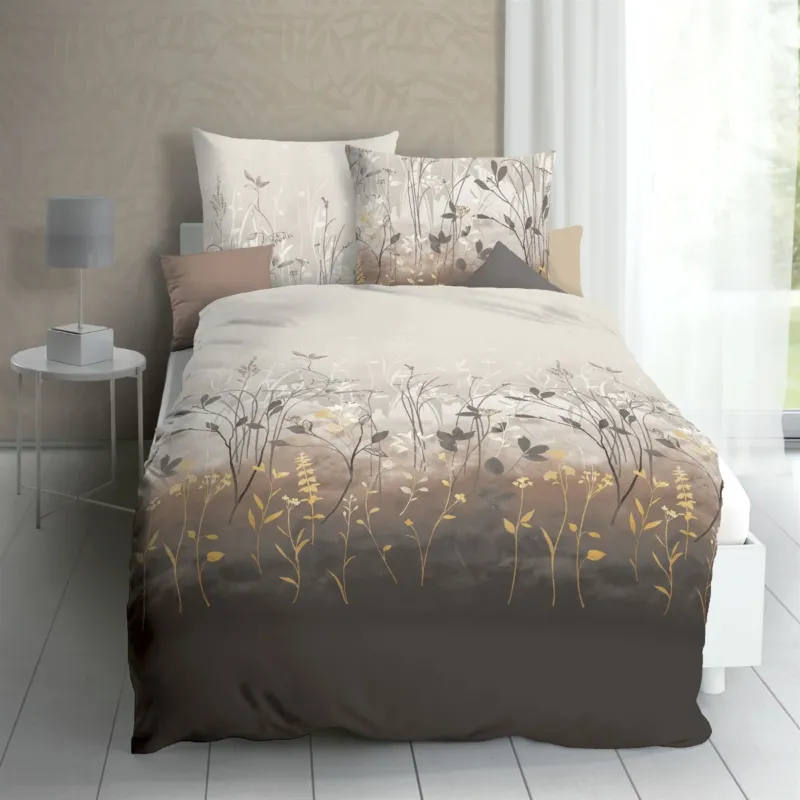 Bettwäsche Mako Satin Herbal Kiesel mit Gräsermuster 135 x 200 cm