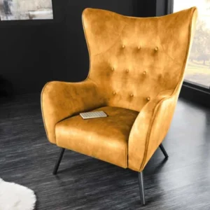 Design XL Sessel AMSTERDAM senfgelb Samt schwarze Metallbeine Retro Stil