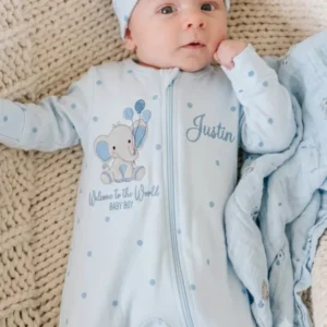 Personalized Welcome Little Elephant Embroidered Bamboo Zipper Footie