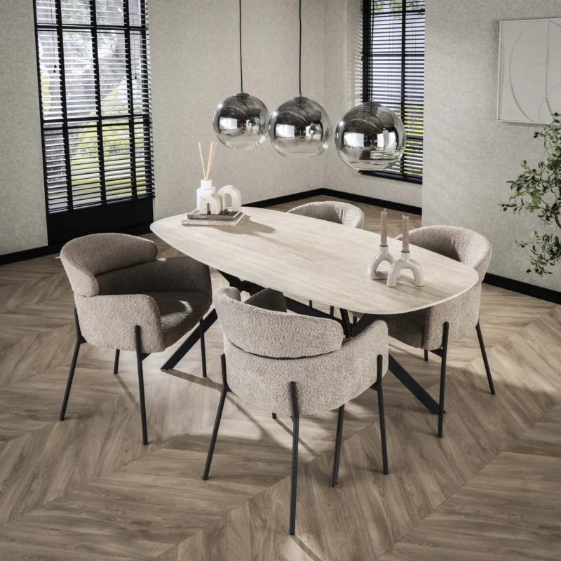 ROMANO Esstisch oval Keramik beige Travertinoptik 180cm Stahlgestell schwarz