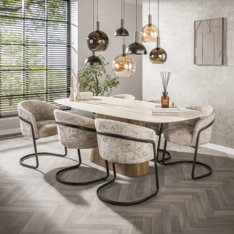 ROMANO CENTRO Esstisch oval Keramik weiß Travertinoptik 215cm