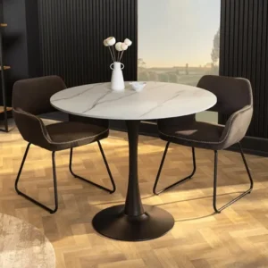 Runder Esstisch LYON 80cm weiß Marmor Keramik Bistrotisch schwarzer Säulenfuß