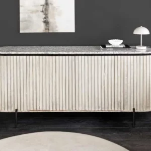 ADLON Massives Sideboard 170cm grau gebürstet Mangoholz mit weißer Marmorplatte