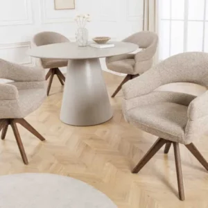 Drehbarer Stuhl ORGANIKO taupe beige Strukturstoff Holzgestell Walnuss mit Armlehne