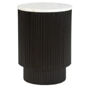 Reyna round accent table with white marble top and black finish mango wood reeded pedestal base