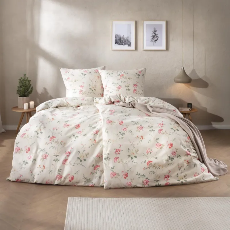 Bettwäsche Flanell Edel Corvara Natur mit Rosenmuster 135 x 200 cm