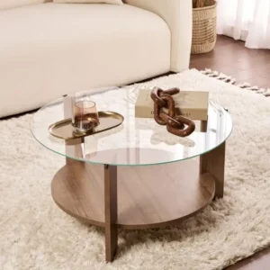 Couchtisch Davira - mit runder Glasplatte und Holzoptik