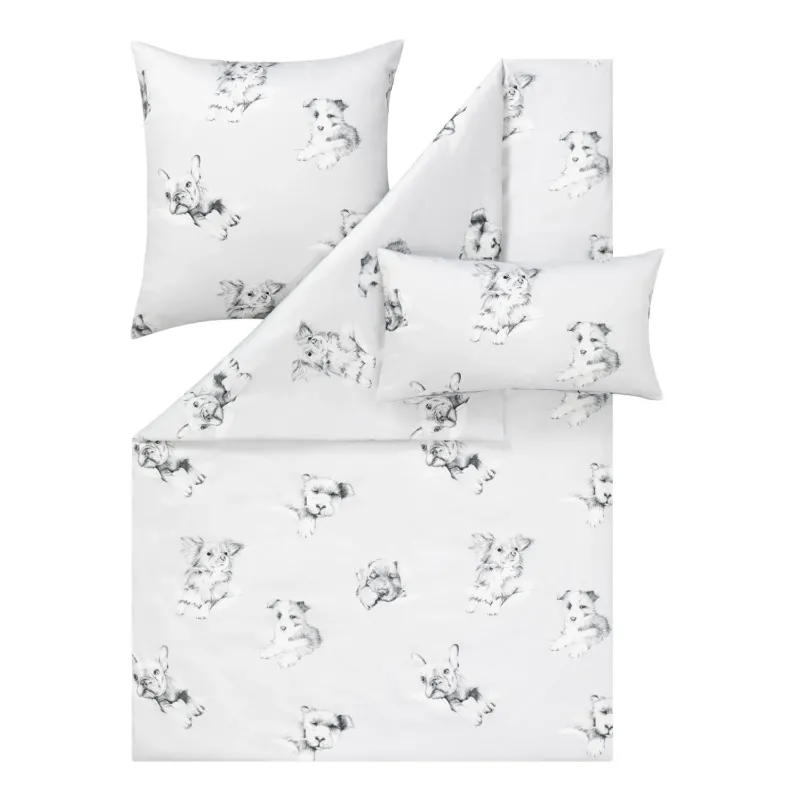 Bettwäsche Mako Satin Dogs Silber mit Hundemotiv 135 x 200 cm