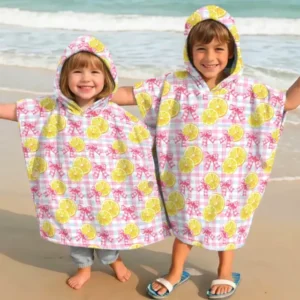 Pink Lemons Bows Checkered Bamboo Swim Poncho