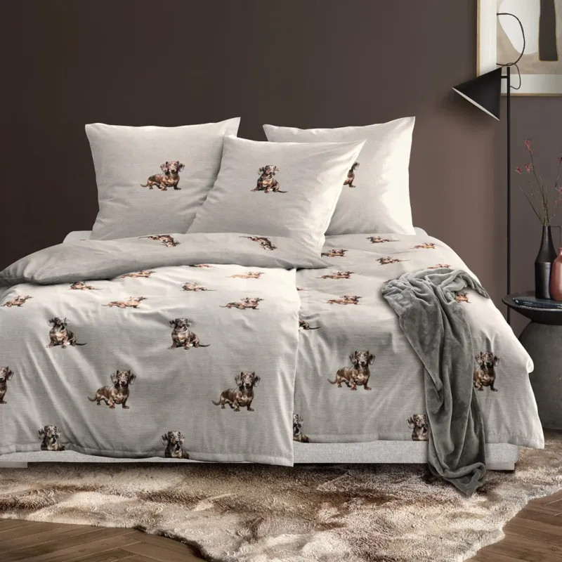 Bettwäsche Flausch Cotton Zobel Natur mit Dackelmotiv 135 x 200 cm