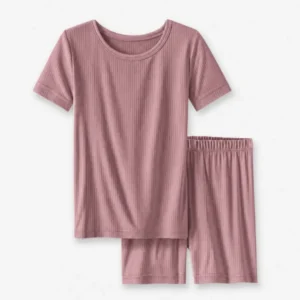 Mauve Ribbed Bamboo Two Piece Short Sleeve Shorts Pajama Set