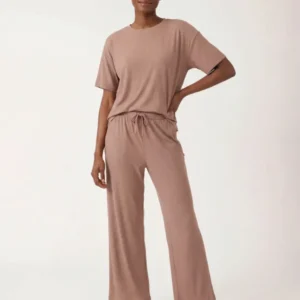 Hazy Brown Bamboo Ribbed Wide Leg Pant