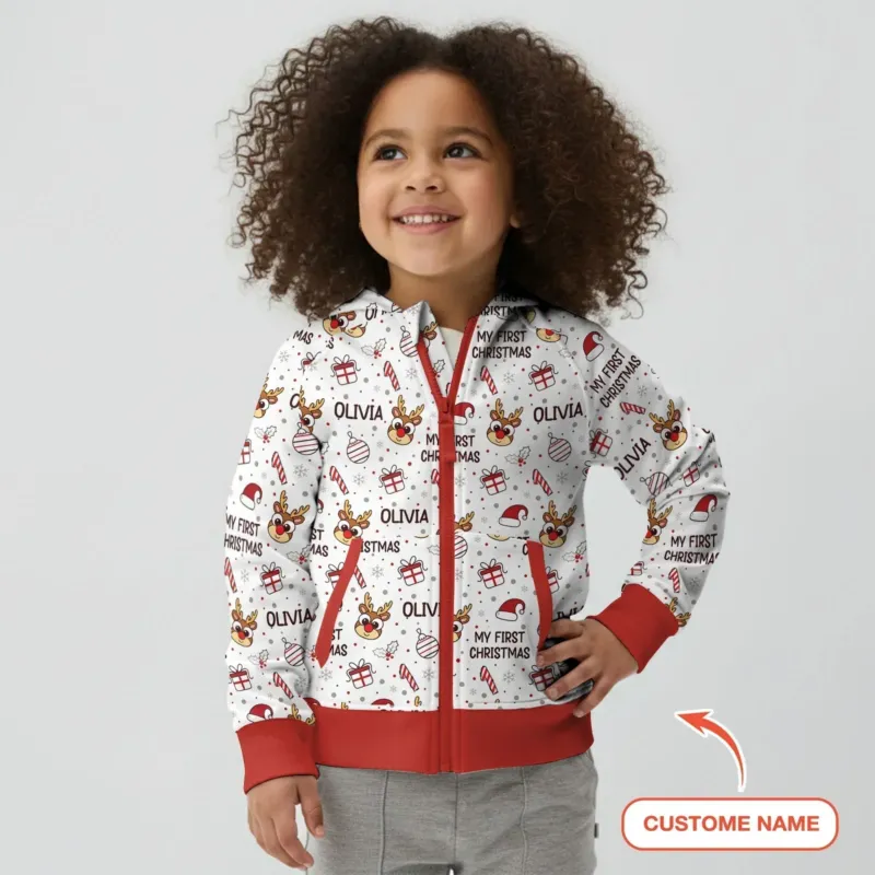 Custom Name Reindeer Doodle My First Christmas Bamboo Zip Hoodie