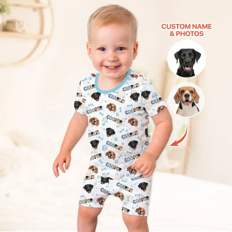 Custom Name Doodle Letters Blue Dog Bamboo Two Piece Short Sleeve Shorts Pajama Set