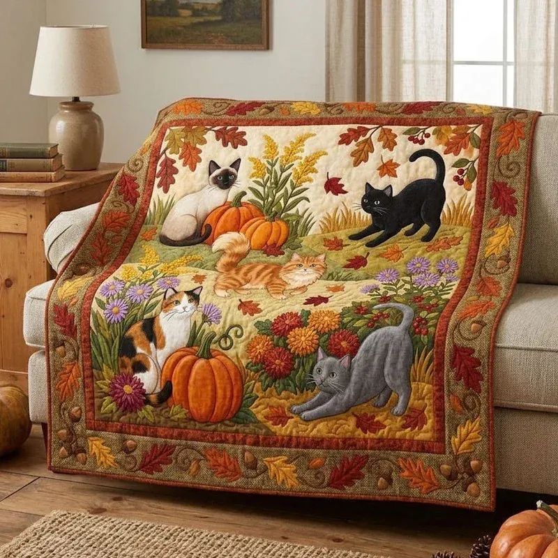Autumn Patchwork Cats Bamboo Quilt Blanket