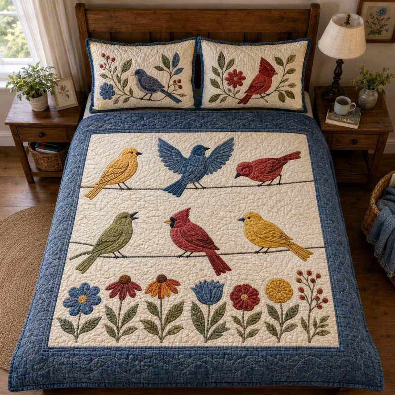 Bird Meadow Bamboo Quilt Bedding Set