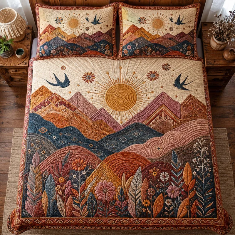 Boho Mountain Garden Bamboo Quilt Bedding Set