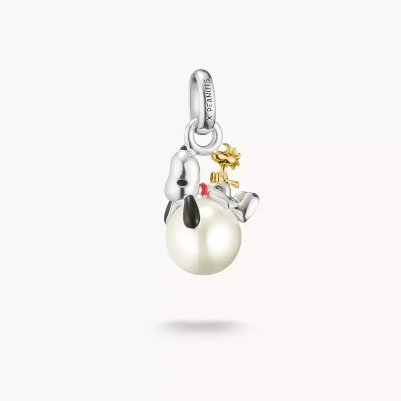 Charm-Anhänger mit Perle, silberfarben, Snoopy- und Woodstock-Motiv