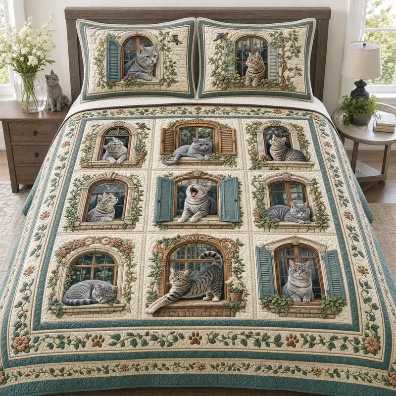 Cat Window Flower Bamboo Quilt Bedding Set
