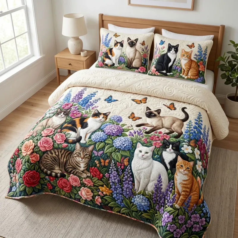 Cat Garden Bamboo Quilt Bedding Set