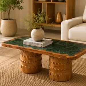 COUCHTISCH DESIGN HOLZ MIT GRÜNER MARMOR PLATTE